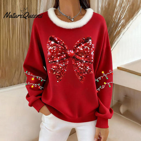 Women's Christmas Bow Sequins Print Crew Neck Casual Sweatshirt