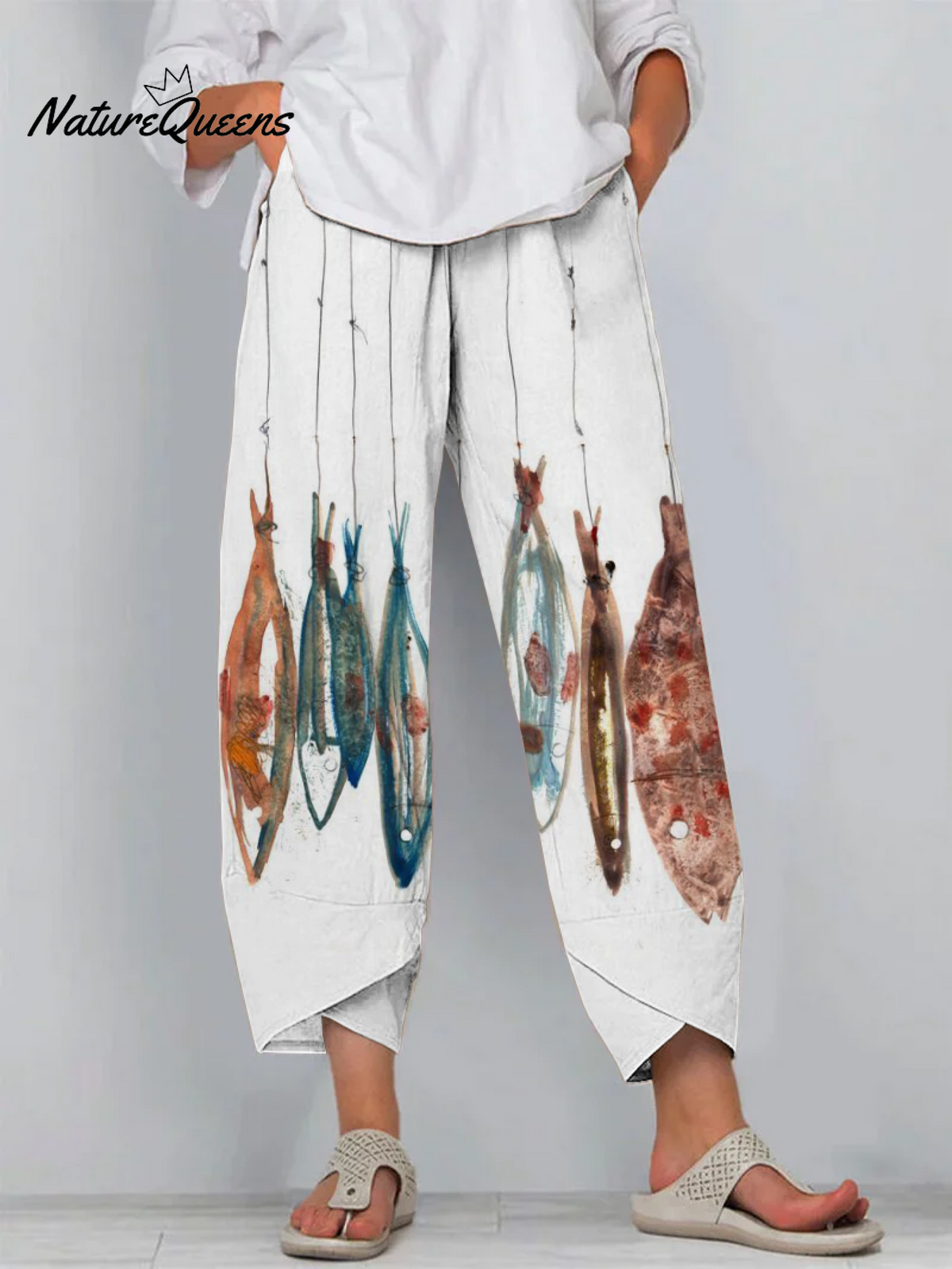 Retro Art Fish Cropped Casual Pants