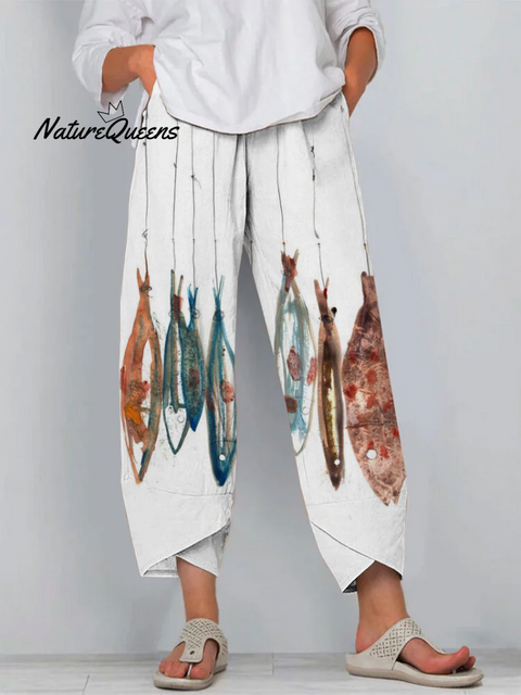 Retro Art Fish Cropped Casual Pants