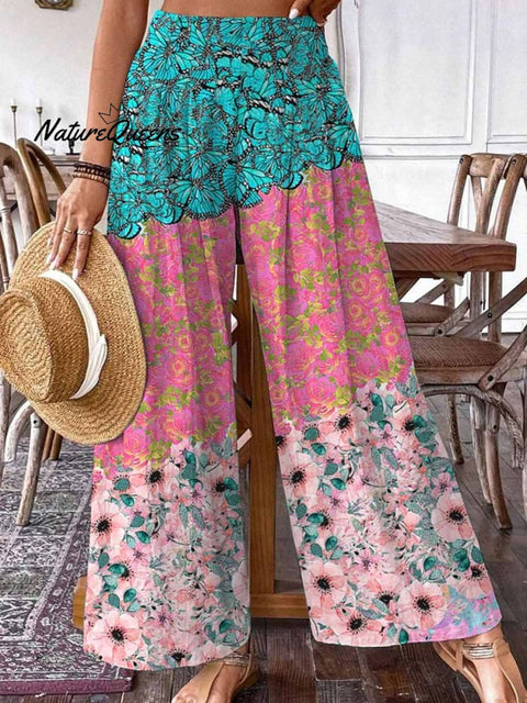 WWomen's Summer Floral Print Pattern Cotton Wide Leg Pants