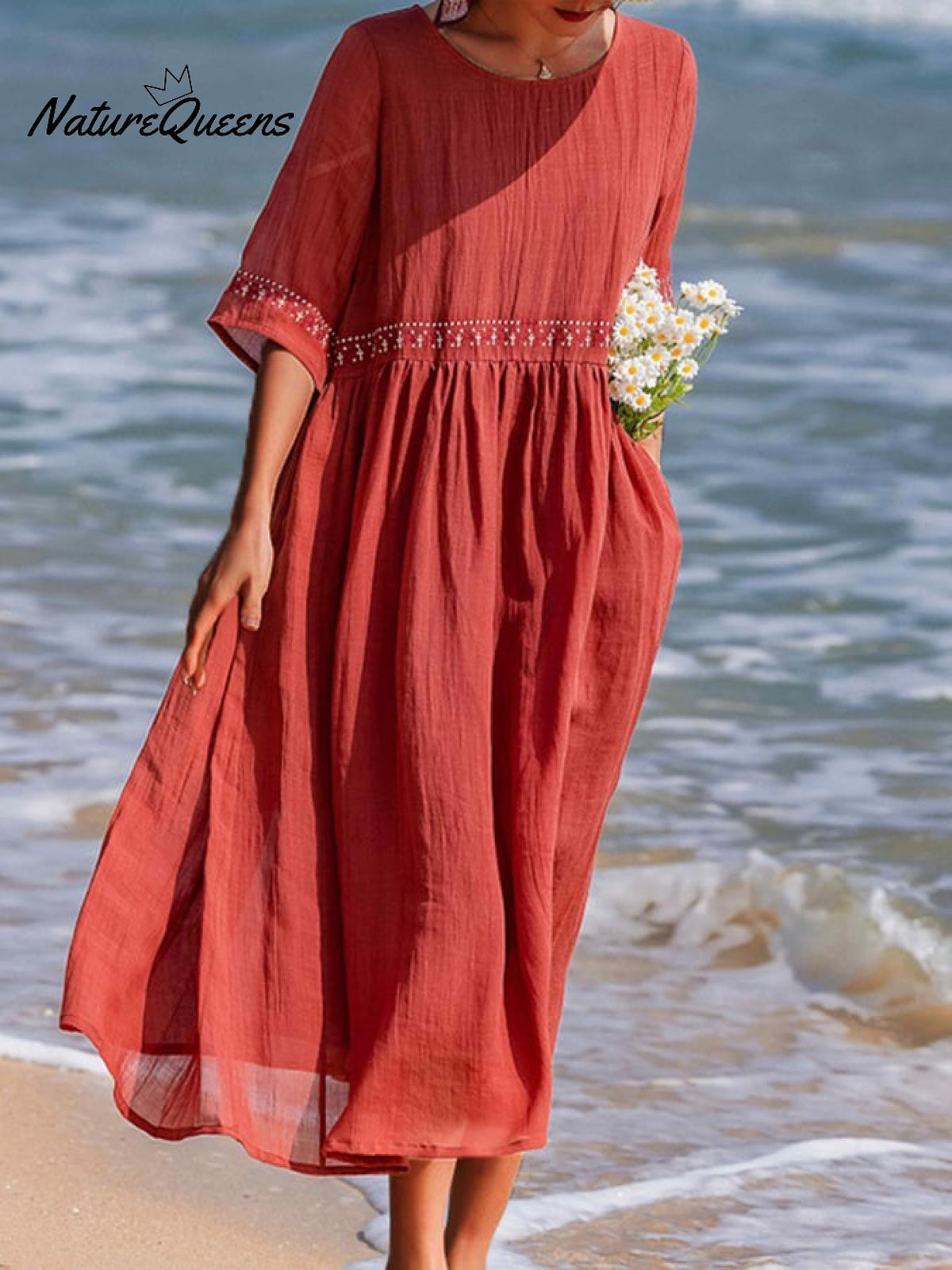 Cotton And Linen Embroidered Loose Dress Red / M