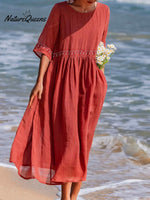 Cotton And Linen Embroidered Loose Dress Red / M