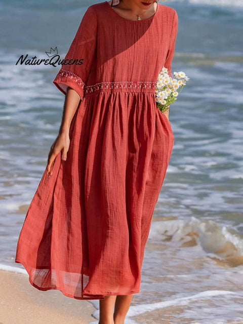 Cotton And Linen Embroidered Loose Dress Red / M