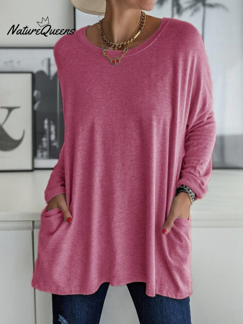 Solid Pocket Round Neck Long Sleeve T Shirt