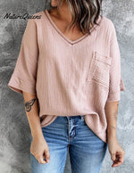 Women's V-neck Pocket Split Middle Sleeve Top Shirt