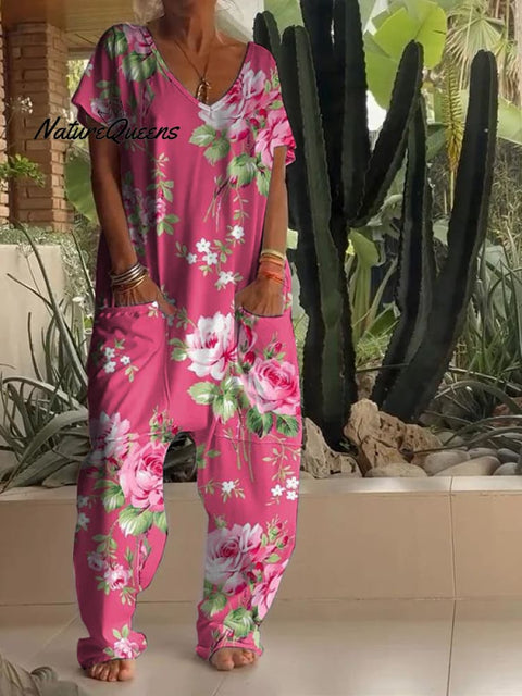 Casual Pink Floral Print V Neck Jumpsuit