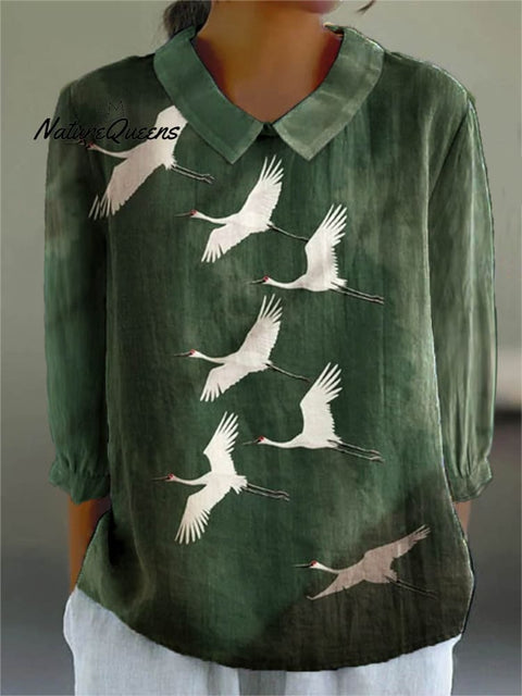 Women's Artistic Crane Pattern Casual Cotton And Linen Top