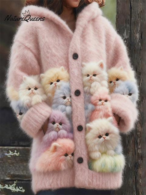 Lovely Fuzzy Colorful Cats Cozy Hooded Cardigan