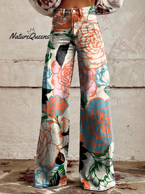 Women's Retro Floral Art Casual Wide Leg Pants