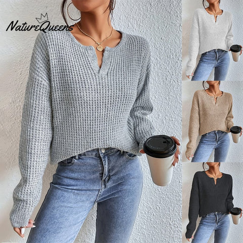 Women'S Solid Color V-Neck Casual Sweater