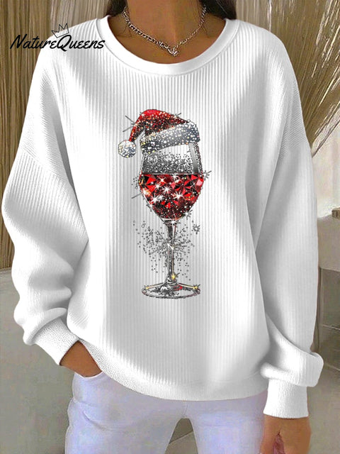 Women's Retro Christmas Red Wine Glass Print Round Neck Sweatshirt