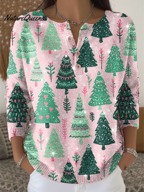 Christmas Tree Pattern Print Henley Neck Sparkling Sequin Sweater