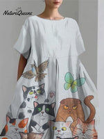 Women's Cute Cat Short Sleeve Linen Blend Midi Dress