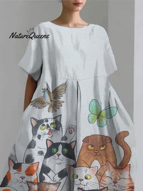 Women's Cute Cat Short Sleeve Linen Blend Midi Dress