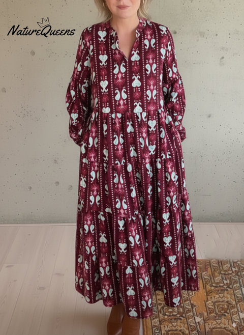 Women's Retro Vertical Striped Floral Print V-Neck Midi Dress