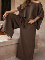 Full Size Boat Neck Top and Wide Leg Pants Set Plus Size