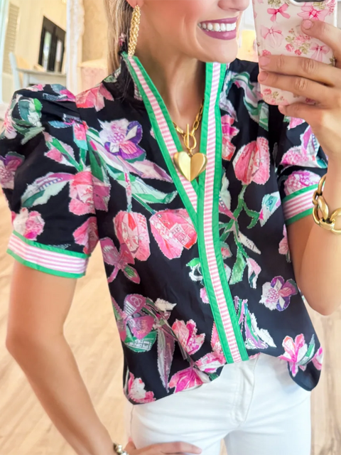 Black Floral Puff Sleeve Top