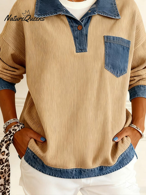 Women'S Casual Lapel Contrast Color Stitching Top