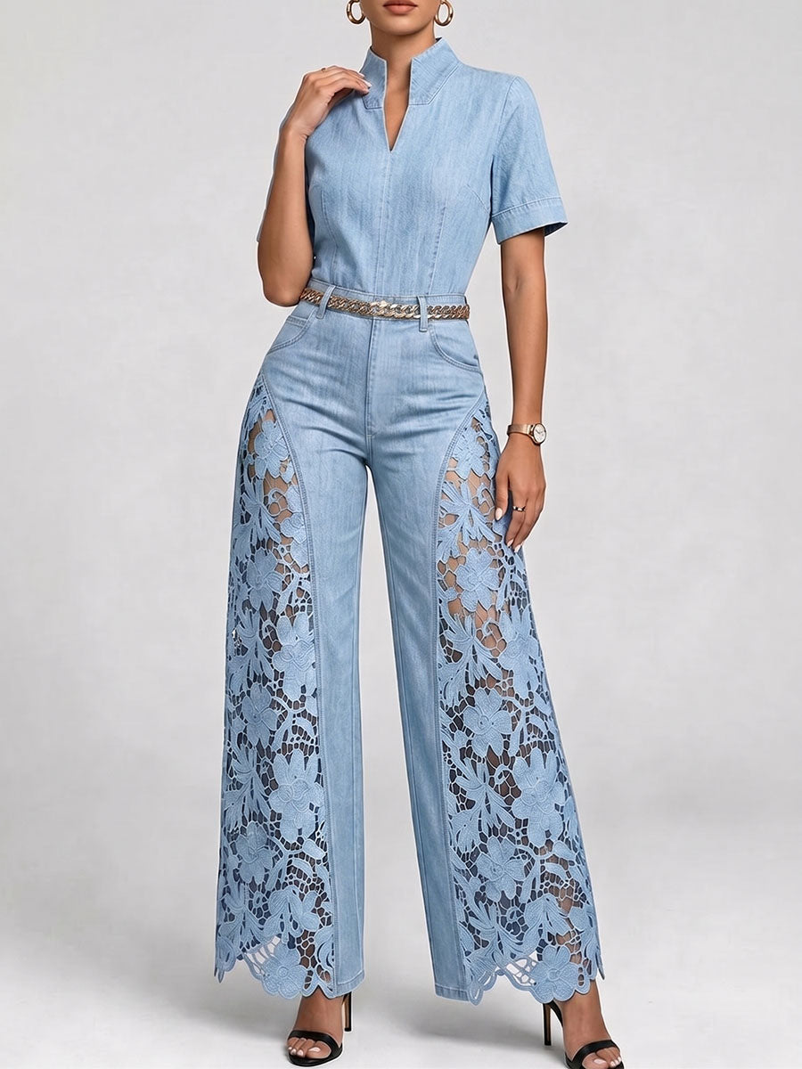 Women's V-neck Short-sleeve Cutout Lace Casual Loose-fit Wide-leg Denim Jumpsuit