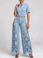 Women's V-neck Short-sleeve Cutout Lace Casual Loose-fit Wide-leg Denim Jumpsuit