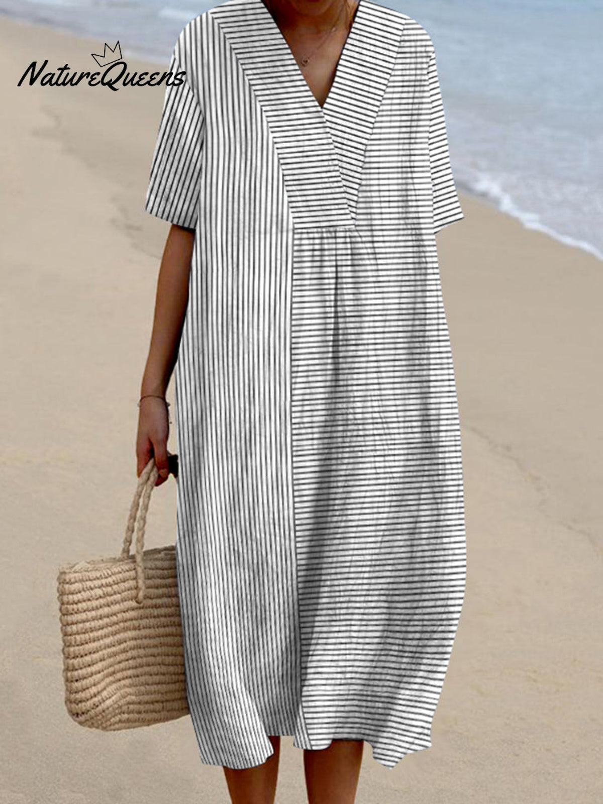 Women Vintage Stripes Casual V Neck Midi Dress