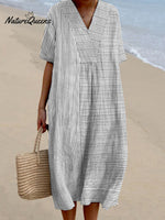 Women Vintage Stripes Casual V Neck Midi Dress