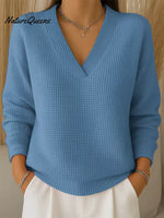 Women's Casual V-neck Waffle Knit Long-sleeved Top