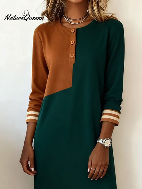 Women'S Casual Round Neck Contrast Color Long Sleeve Dress