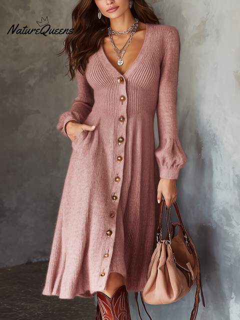 Retro V-neck Button Pockets Mohair Knitted Midi Dress