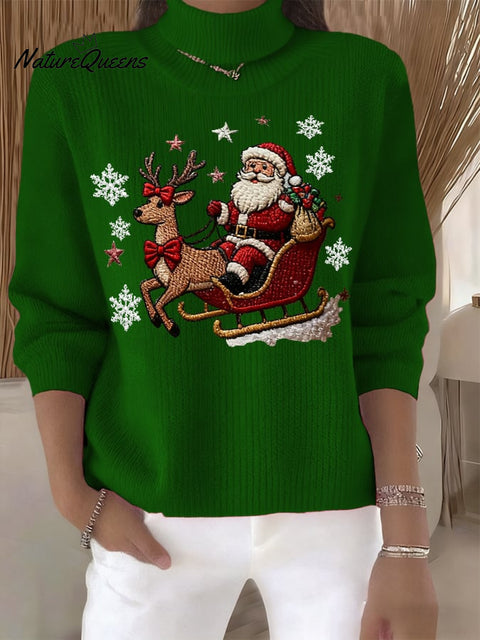 Women's Retro Santa Print Turtleneck Knit Top