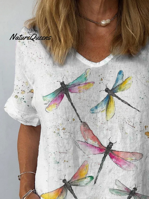 Women's Short Sleeve Blouse Summer Dragonfly V Neck Daily Going Out Casual Top Apricot