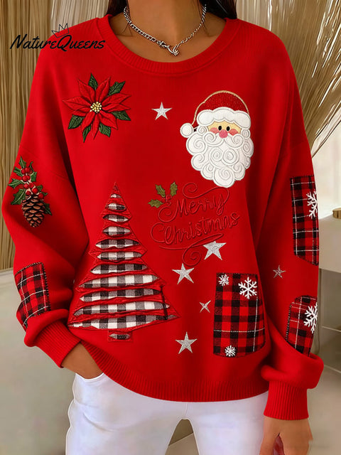 Women's Casual Merry Christmas Embroidered Patch Printed Sweatshirt