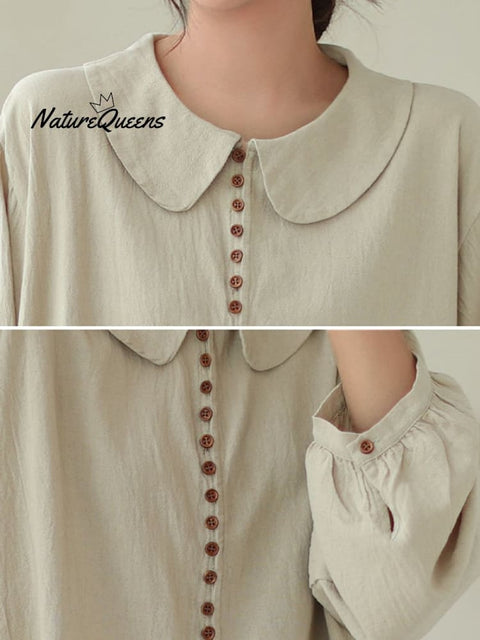 Women's Cotton Art Loose Button-Up Peter Pan Collar Long Sleeve Shirt