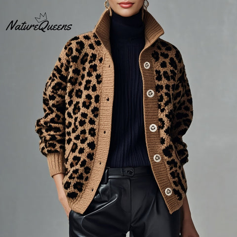 Women's Leopard Print Stand Collar Single Breasted Long Sleeve Knit Sweater Jacket