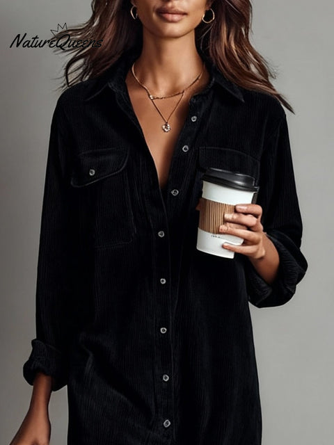 Loose Corduroy Double Chest Pocket Single Breasted Midi Dress