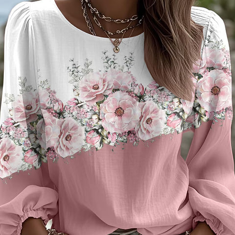 Women's Floral Print Round Neck Long Sleeve Linen Blend Shirt