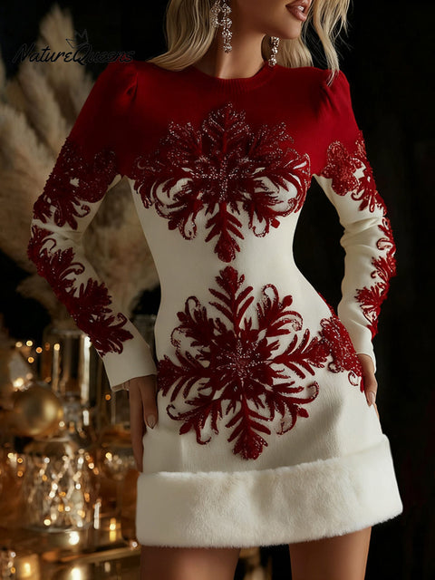 Women's Christmas Snowflakes Art Fur Trim Sweater Midi Dress