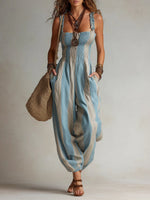 Women's Square-Neck Sleeveless Loose-Fit Casual Jumpsuit — Plaid Print Cotton-Linen Strappy Romper