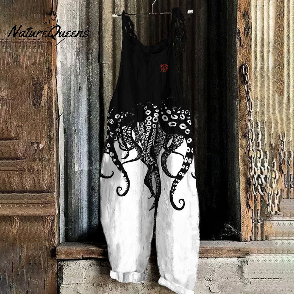 Vintage Japanese Art Octopus Legs Print Casual Linen Blend Loose Jumpsuit