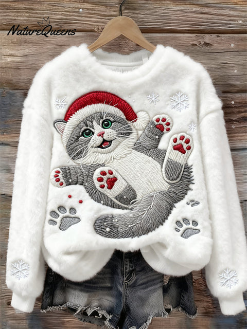Christmas Cat In The Snow Embroidered Cozy Plush Sweatshirt