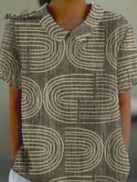 Women'S Line Art Pattern Casual Cotton And Linen Short Sleeve Shirt