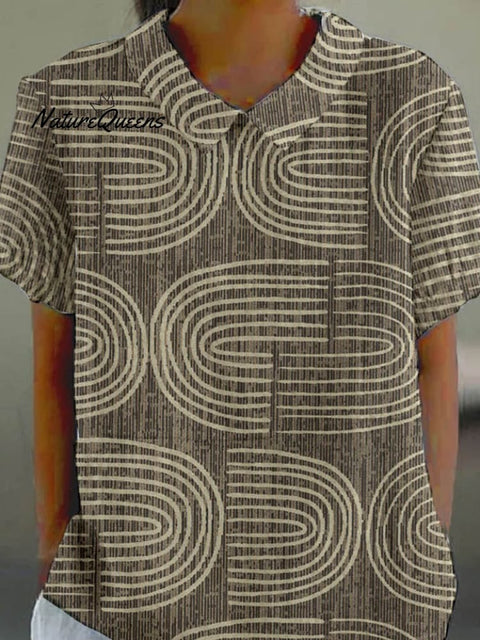 Women'S Line Art Pattern Casual Cotton And Linen Short Sleeve Shirt