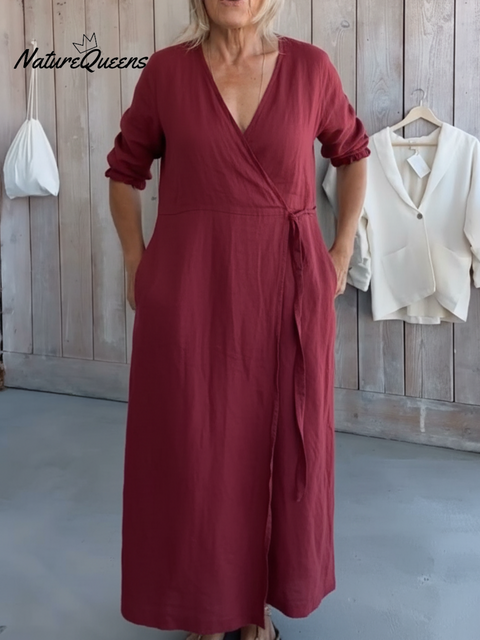 Women's Solid Color Wrap-around Tie Pocket Linen Dress