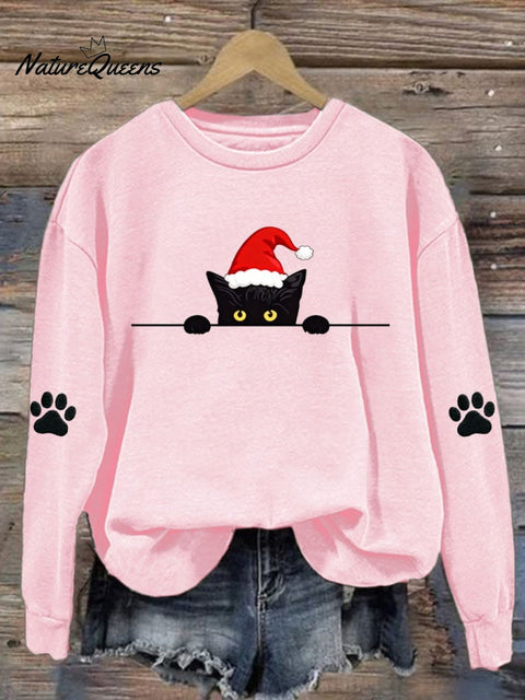 Women's Christmas Cat Printed Crew Neck Sweatshirt