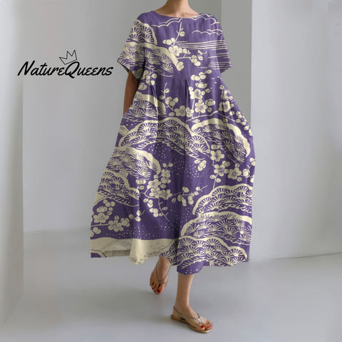 Japanese Art Plum Blossom Printed Crew Neck Casual Midi Dress