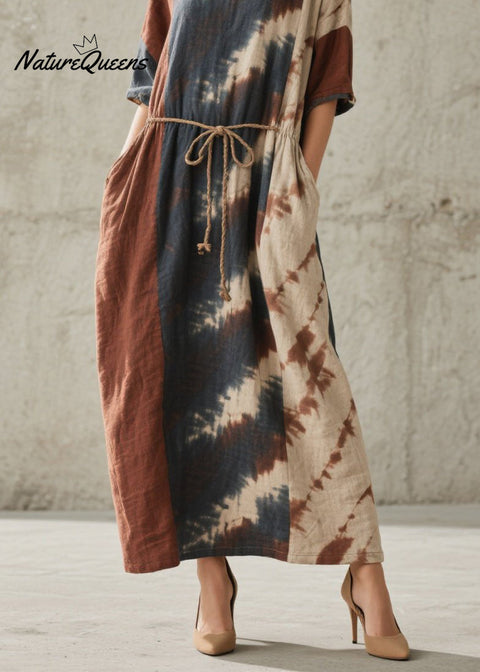 Chic O Neck Tie Dye Lace Up Pockets Cotton Dresses Summer