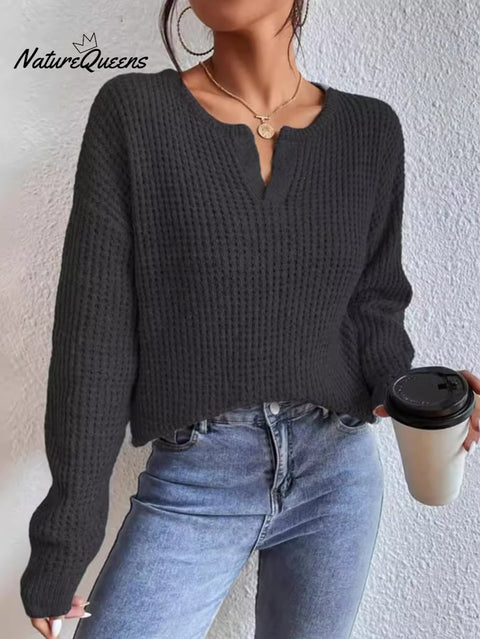Women'S Solid Color V-Neck Casual Sweater