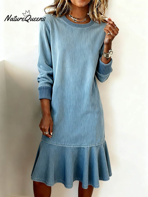 Women's Casual Round Neck Long Sleeve Corduroy Dress