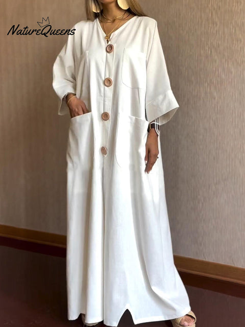 Loose Pocket Button Cotton and Linen Dress