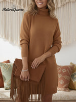 Elegant and Soft Solid Color High-neck Knitted Dress